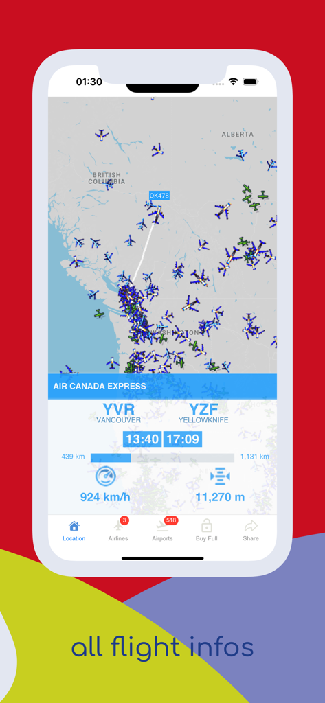 C.A.T: Canada Air Sky Tracker - Canada Air Tracker app interface showing live flight tracking data and aircraft details on a map