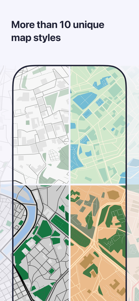 A demonstration of four different map visual styles available in the MAPS.ME app showing various terrain and urban layouts