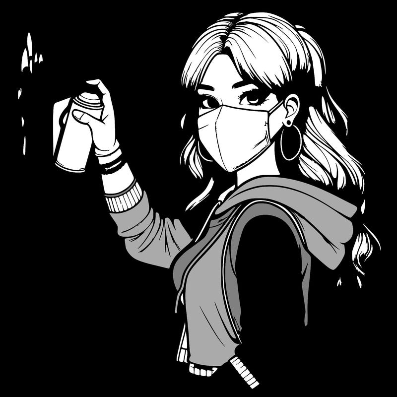 realistic girl with mask spray painting a wall