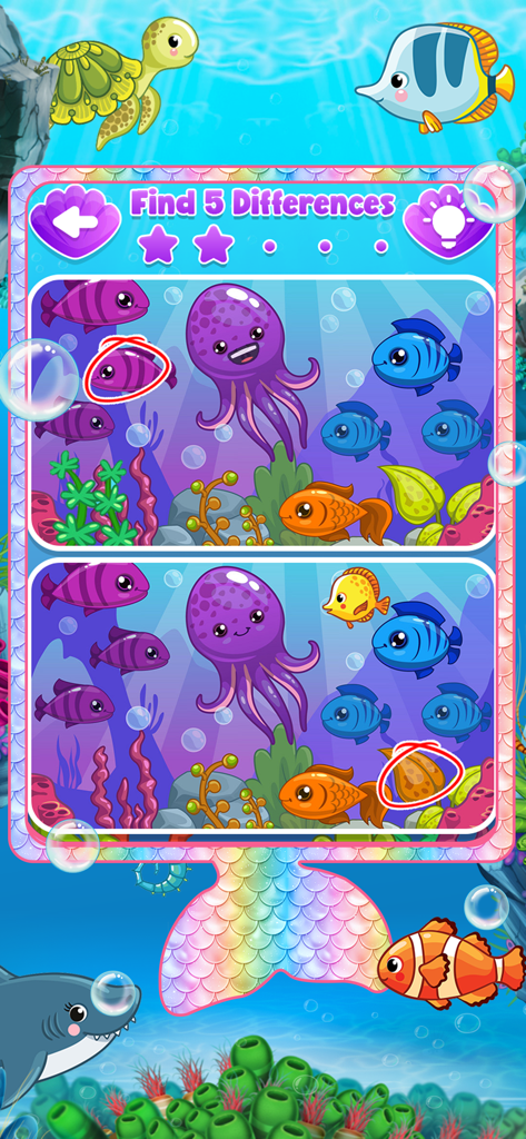 Ein „Finde den Unterschied“-Puzzle in der Little Mermaid Phone App mit bunten Unterwassertieren wie Fischen und einem Oktopus