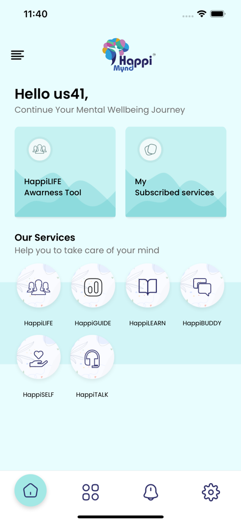 HappiMynd-Emotional Self Help - Pantalla de inicio de la aplicación HappiMynd que muestra varios servicios de bienestar mental