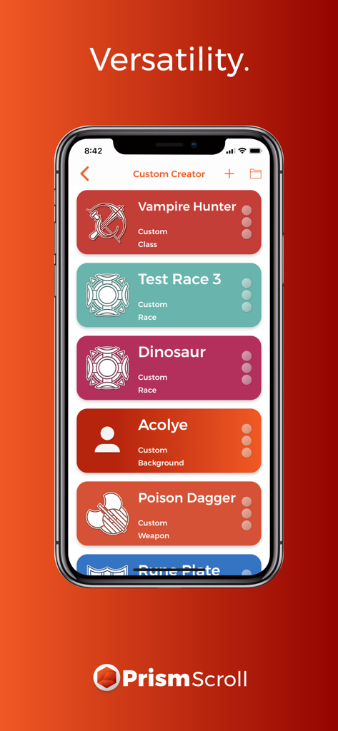 PrismScroll - Character Sheet - PrismScroll Custom Creator screen showing homebrew D&D classes races and items