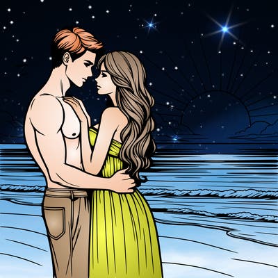 realistic woman and man at sunset on beach romantic