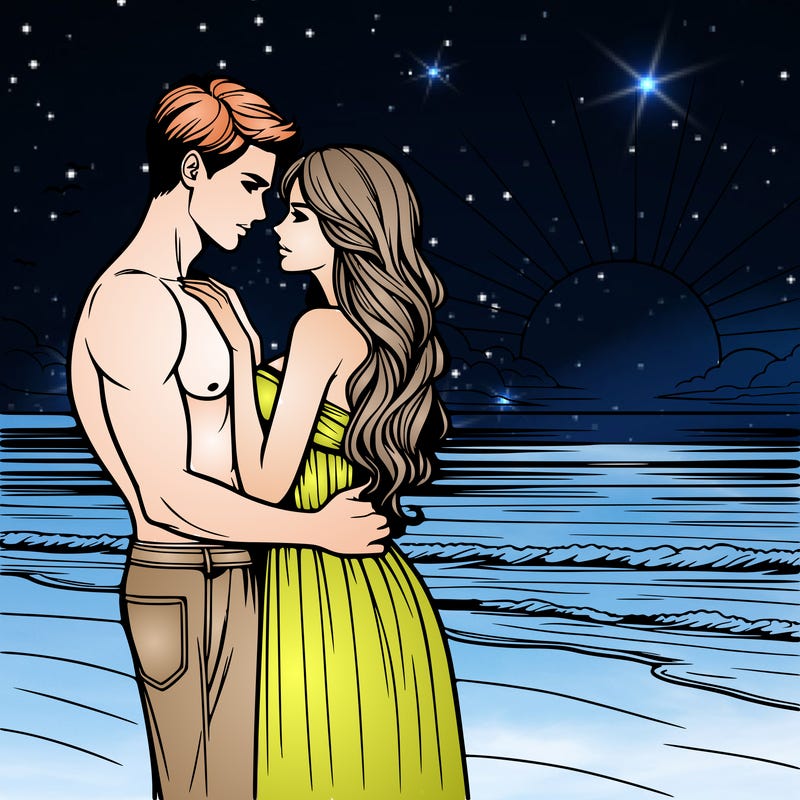 realistic woman and man at sunset on beach romantic