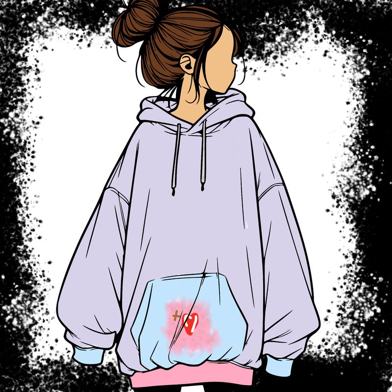 realistic girl with a oversized sweatshirt on and a bun