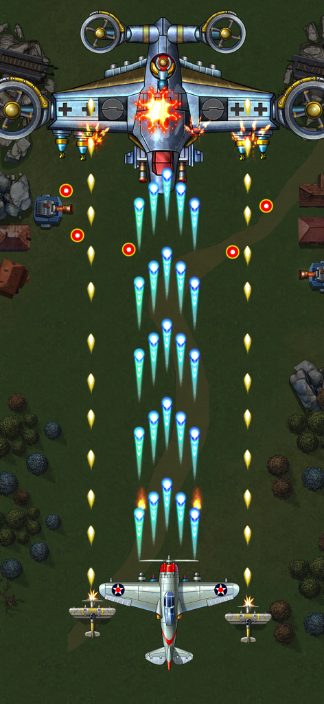 1941 AirAttack: Airplane Game - Batalla contra un jefe de shooter arcade de vista superior en 1941 AirAttack, con un avión de guerra estadounidense contra un enorme avión enemigo.