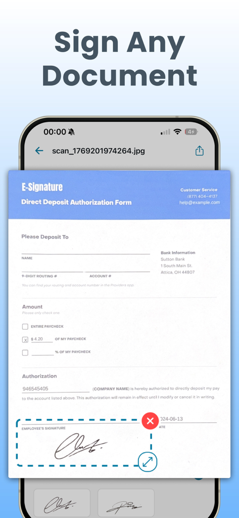 eSigns PDF: Signature Scanner - Mobile app interface showing a handwritten signature being added to a direct deposit authorization form