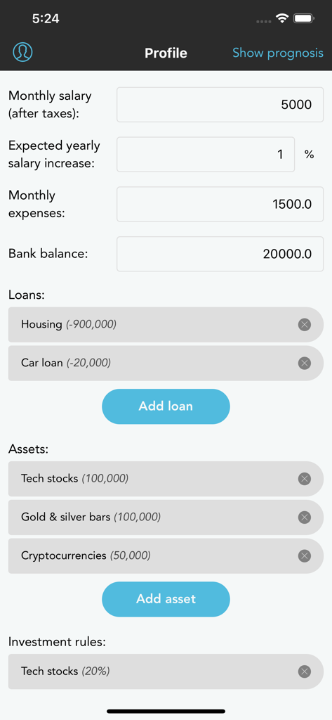 Financial profile setup screen for entering salary expenses loans and assets in the Wealth Forecast app