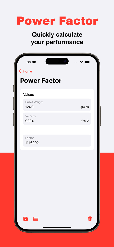 Shoot utilities IPSC - USPSA - Interface of the Shoot Utilities app showing the power factor calculator with bullet weight and velocity inputs