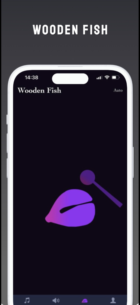 Ein Screenshot der eMus-App, der die Holzfisch-Meditationsfunktion zur Stressbewältigung anzeigt