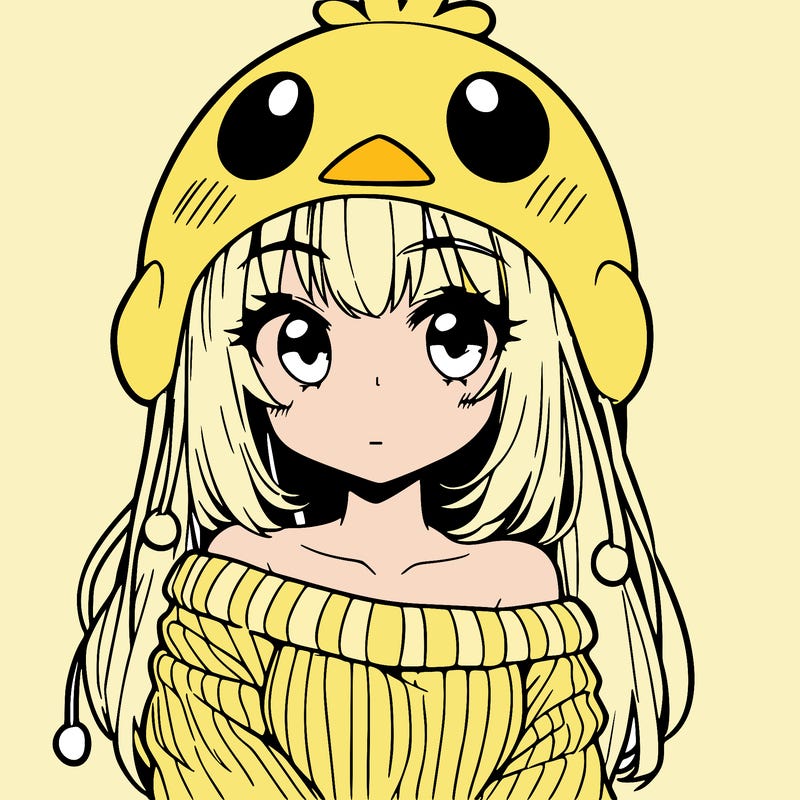 anime girl with chick shaped hat with sweater with bare shoulders with bangs covering them one eye with low tail
