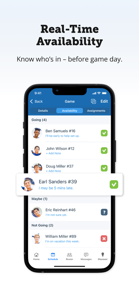 TeamSnap - TeamSnap app screen showing player availability for an upcoming game.