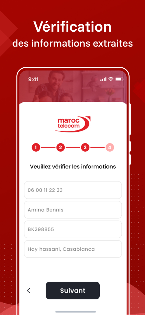 User interface of the Identification Jawal app showing the information verification step for a Maroc Telecom mobile contract registration