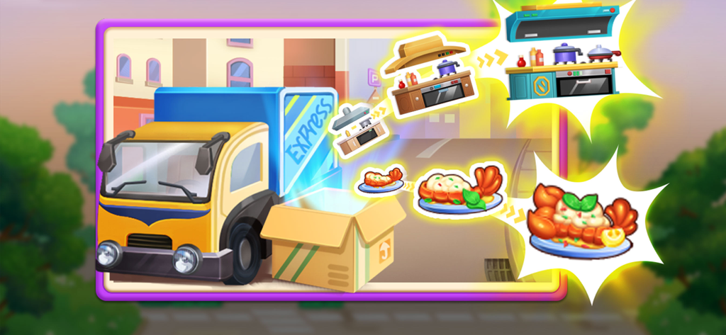 Hotel Fever Tycoon - Camión de reparto y progreso de mejora para equipos de cocina y platos de mariscos en Hotel Fever Tycoon.