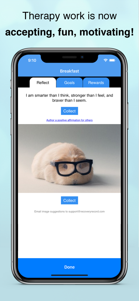RR: Eating Disorder Management - Recovery Recordアプリのリフレクションタブのスクリーンショット。ポジティブなアファメーションと、かわいいハムスターのリフレクション画像が表示されています。