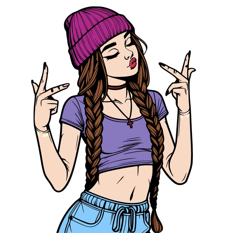 realistic teenage girl with braids and a beanie and crop top doing 🫶🏼