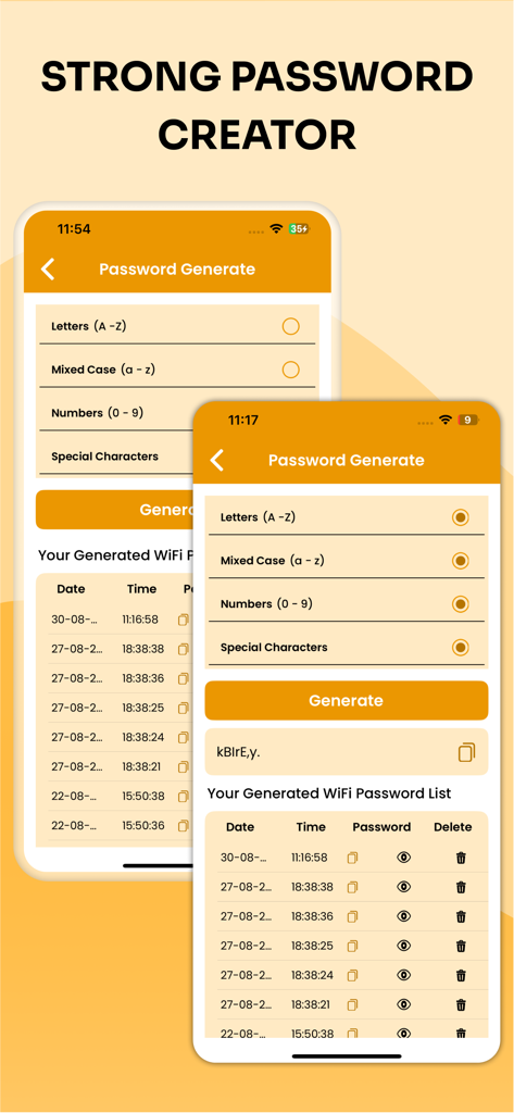 Interface para criar senhas WiFi seguras com opções de letras, números e caracteres especiais