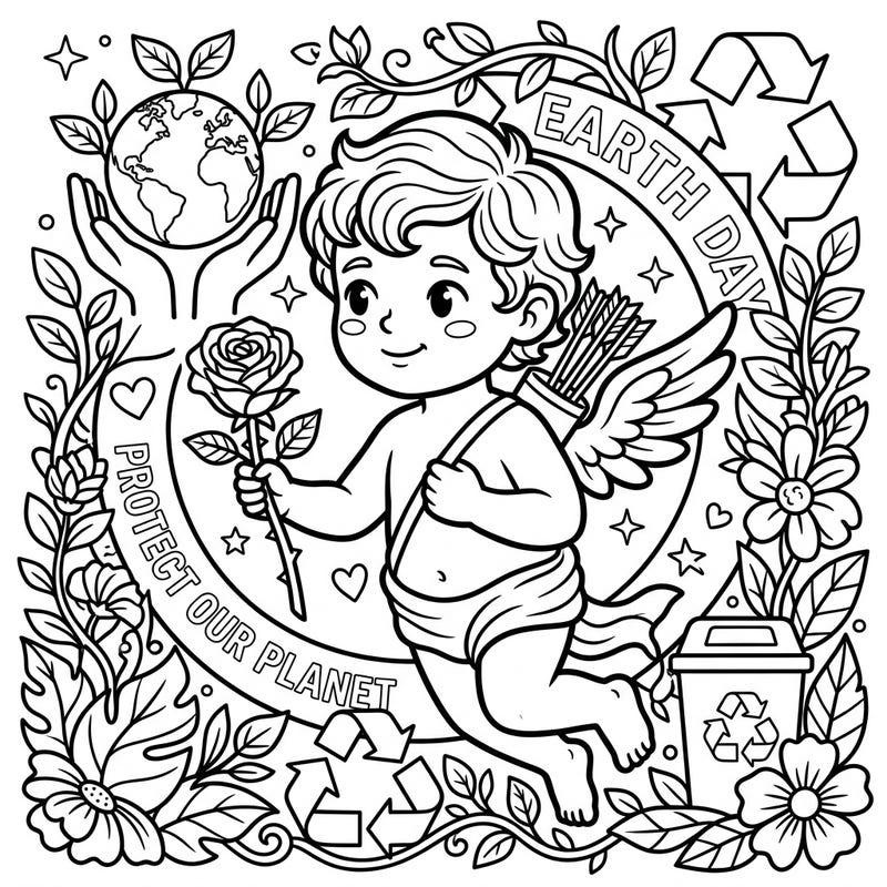 Combine the tenderness of Cupid holding a rose with the vital message of Earth Day in this delightful coloring page. Perfect for celebrating both love and environmental awareness through creative expression.