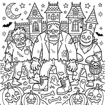 Get ready for a monstrously good time with this unique Giant Zombie Halloween coloring page. Immerse yourself in a spooky scene filled with tattered ghouls, grinning pumpkins, and haunted architecture, perfect for a chilling creative session.