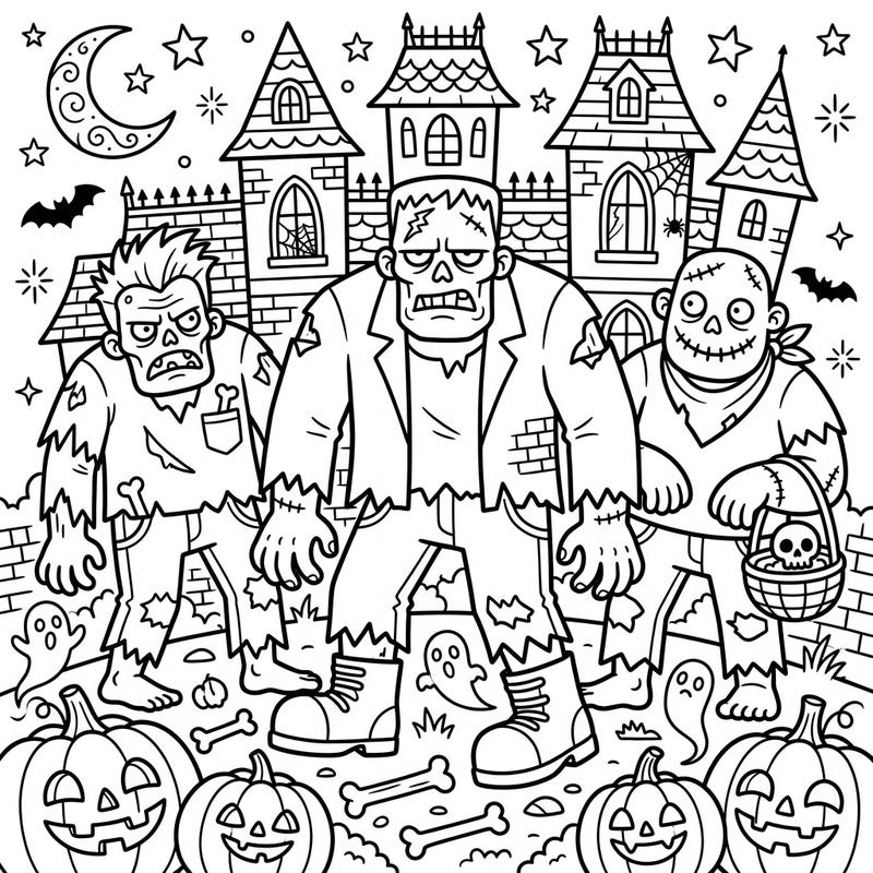 Get ready for a monstrously good time with this unique Giant Zombie Halloween coloring page. Immerse yourself in a spooky scene filled with tattered ghouls, grinning pumpkins, and haunted architecture, perfect for a chilling creative session.