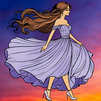 realistic woman in a dress flowing in the wind