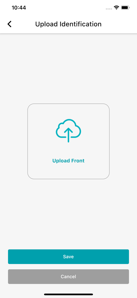 Interface of the myPatientVisit app showing the upload identification screen with a button to upload the front of an ID card.