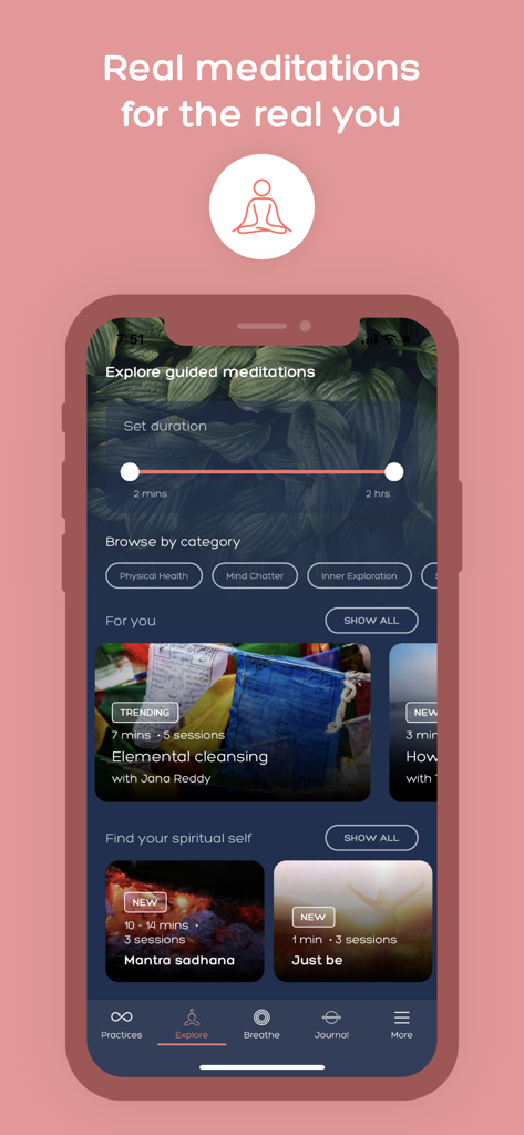 AUMHUM Self-Care & Sleep - AUMHUM app interface showing guided meditation categories and session duration slider