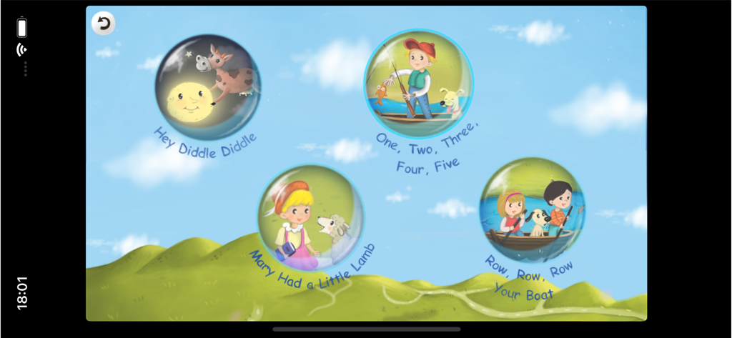 Popular Nursery Rhymes  kids - Pantalla de menú interactiva de la aplicación "Rimas Infantiles Populares" que presenta varias selecciones de canciones como "Mary Had a Little Lamb" y "Row Row Row Your Boat".