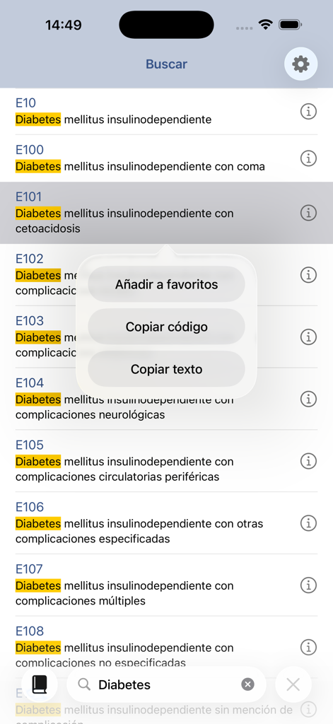 Pantalla de la aplicación móvil CIE10 que muestra los resultados de la búsqueda de diabetes con códigos médicos en español