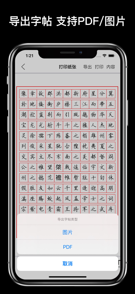 Interface de l'application Maître Calligraphe affichant les options d'exportation des fiches d'exercices de caractères chinois en fichiers PDF ou image