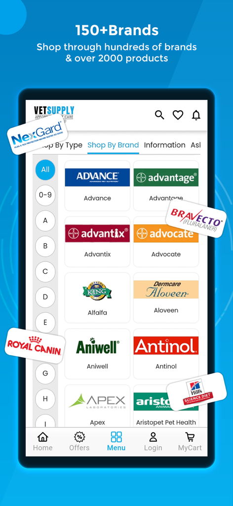 VetSupply mobile app screen showing a wide selection of top pet care brands like NexGard and Royal Canin.