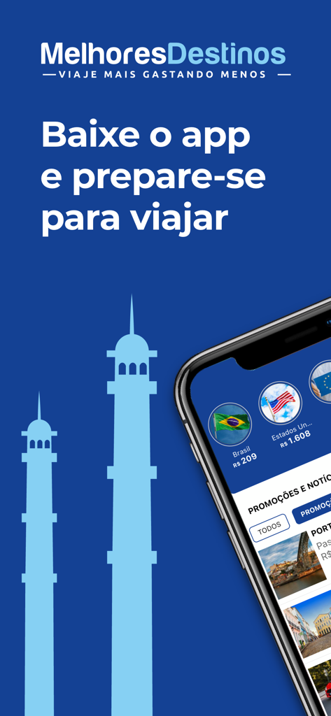 Melhores Destinos: Passagens - Melhores Destinos app interface showing cheap flight deals on a smartphone