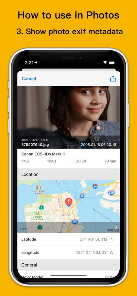 Exif Viewer app interface displaying photo metadata like camera settings and GPS location on a map.