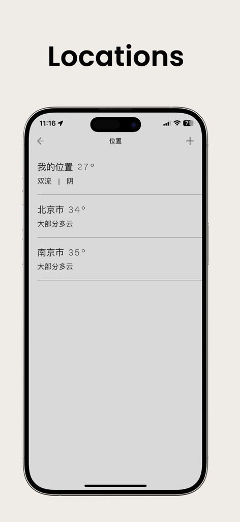 Last Weather - 여러 도시 위치와 온도를 표시하는 미니멀리스트 날씨 앱 화면
