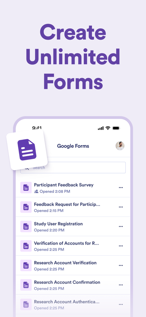 Form Editor for Google Forms - Interfaz de la aplicación en iPhone que muestra una lista de encuestas y formularios de registro con el encabezado Crear Formularios Ilimitados