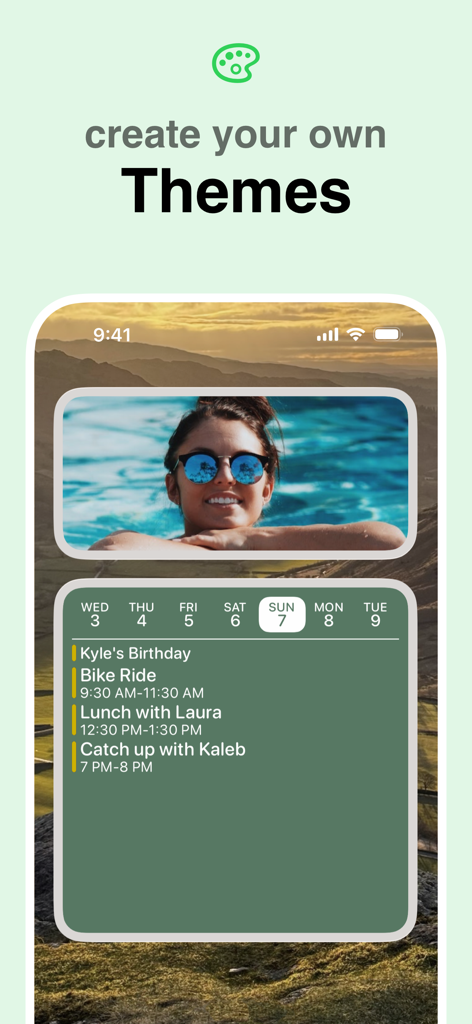 Widgetsmith app interface showing a custom iPhone home screen with a personalized photo widget and a green calendar widget with event listings.