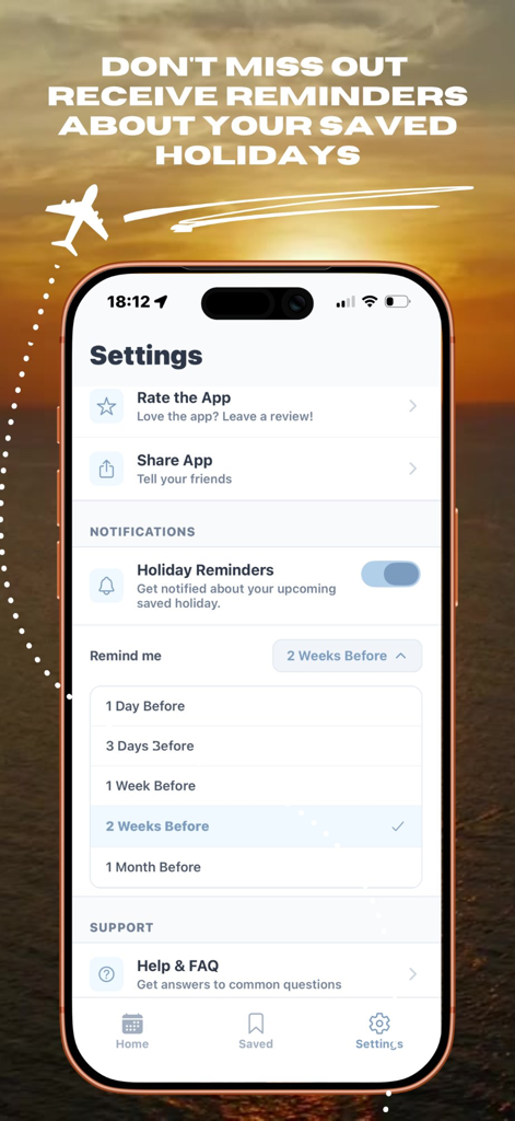 Settings screen of the Overlap app showing holiday reminder notification options and frequency settings.