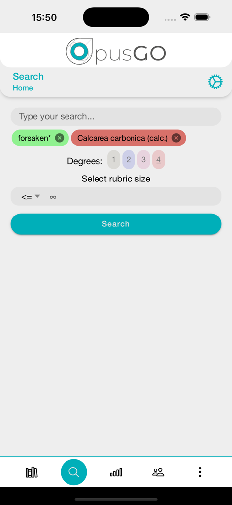 La pantalla de búsqueda de la app OpusGo mostrando filtros para síntomas y remedios homeopáticos