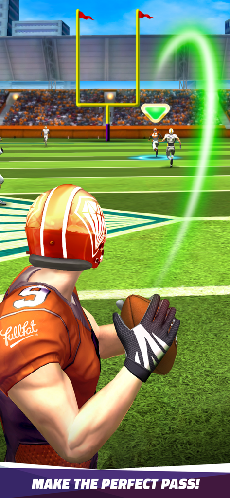 Flick Quarterback 25 - A football player prepares to throw a pass with a green trajectory arc on the field.