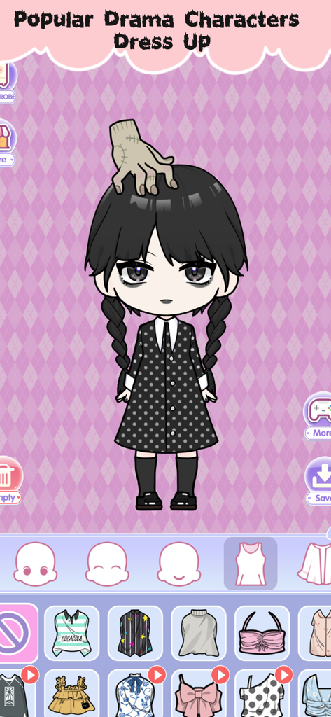 A chibi doll character styled as Wednesday Addams from a popular drama being customized in the Vlinder Dolls app