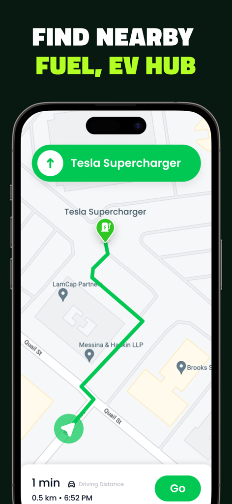 GPS Car Tracker: Find My Car - Mobile app navigation screen showing a route to a nearby Tesla Supercharger EV charging station