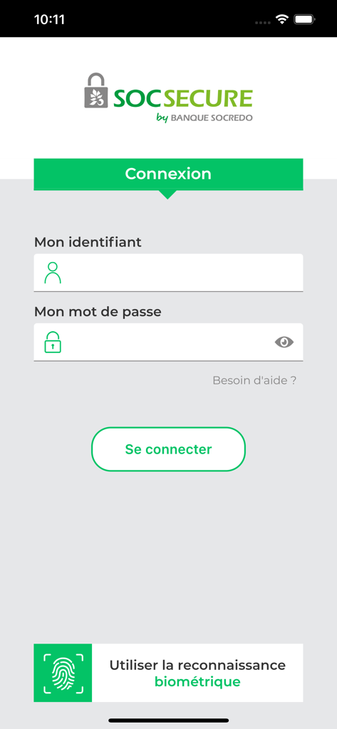 SOC Secure - SOC Secure mobile app login screen with username and password fields and biometric authentication option