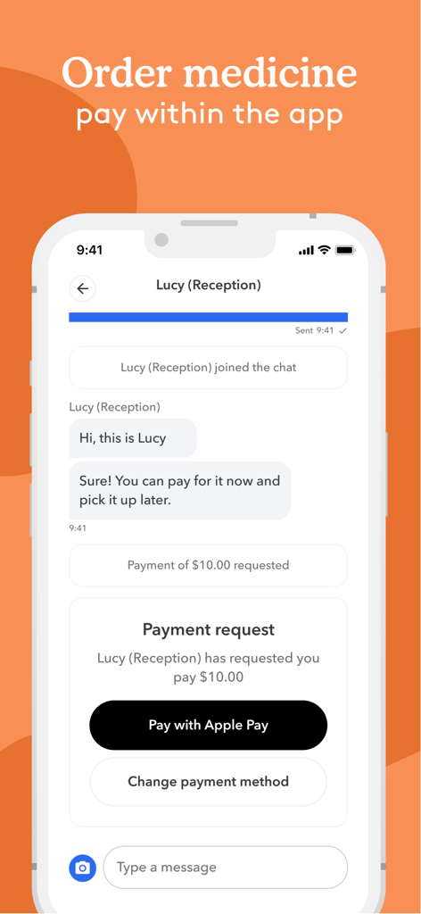 PetsApp - PetsApp mobile interface showing a chat with a vet clinic and a payment request for pet medicine using Apple Pay
