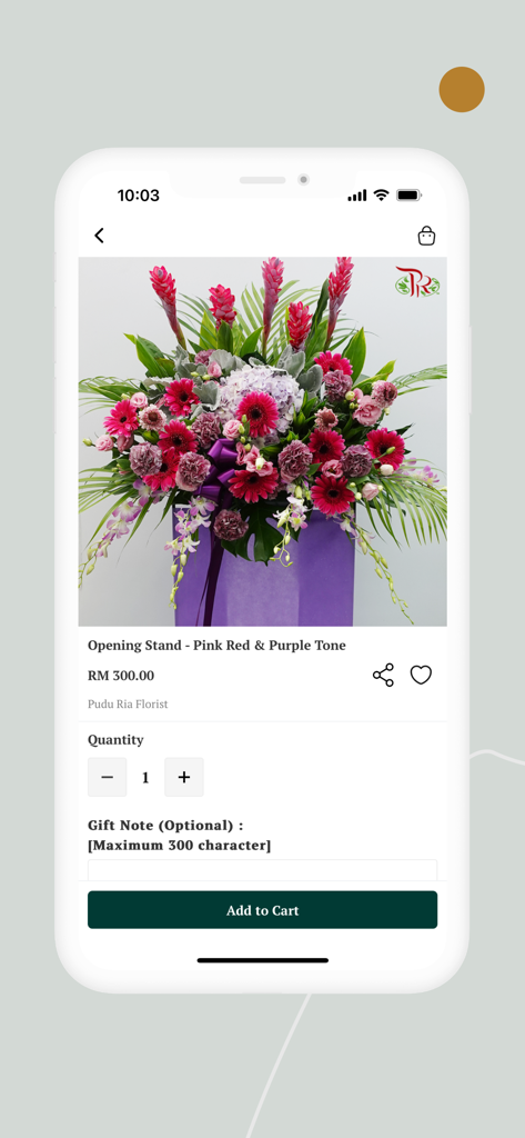 PR Florist - PR Floristモバイルアプリの商品ページ。ピンク、赤、紫の色合いの開店祝い用のスタンドフラワーアレンジメントが表示されています。