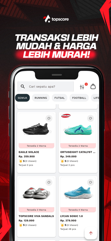 Topscore - Interfaz de la aplicación móvil Topscore mostrando un catálogo de zapatillas deportivas y sandalias con filtros por categoría