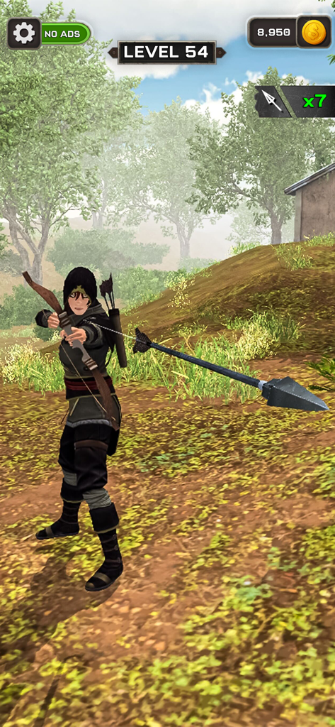 Archer Attack 3D: Shooter War - Un archer tactique en tenue noire tirant une grande flèche dans un environnement extérieur 3D pendant le niveau 54.