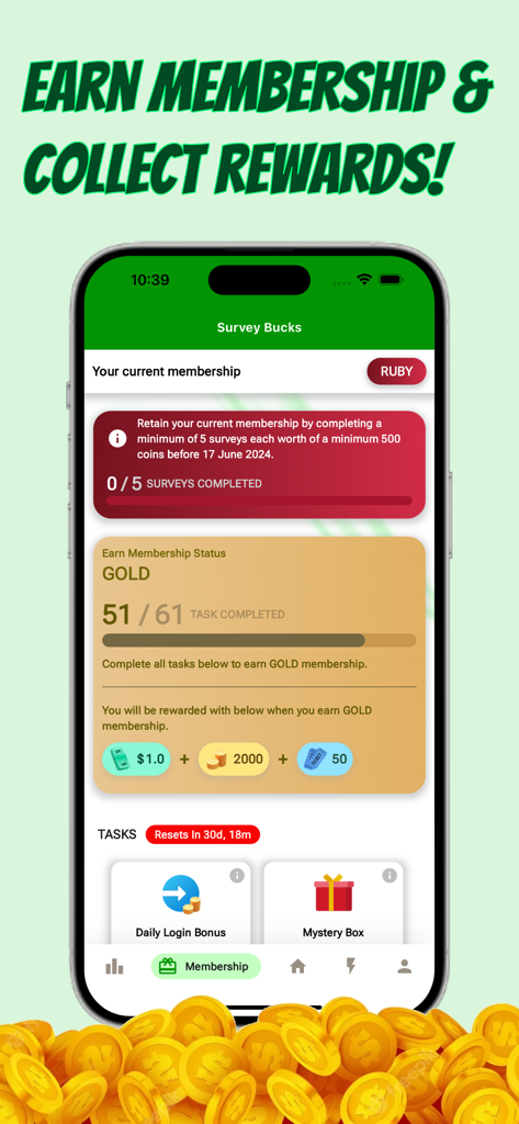 Survey Bucks app membership interface showing rewards and task progress