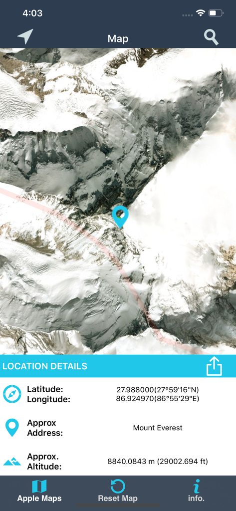 Find My Location details - Find My Location details app interface showing latitude longitude and altitude for Mount Everest