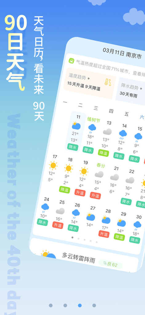 清新天气预报-精准预报90日天气 - Interface of the Fresh Weather app showing a 90 day weather forecast calendar in Chinese