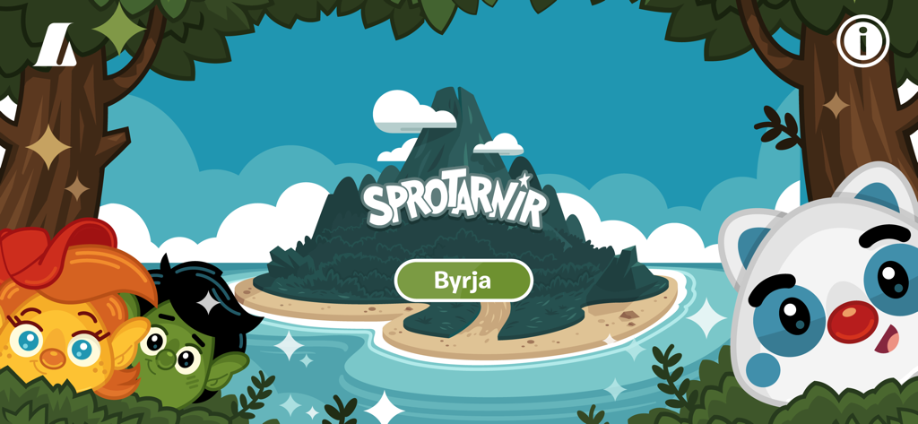 Sprotarnir kids educational app home screen showing cartoon characters and a start button